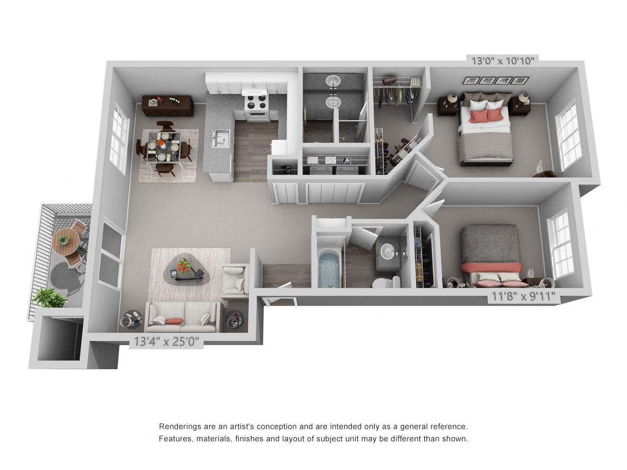 Floor plan for 2 beds, 2 baths, 1057 sqft